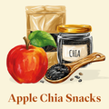 Illustrated product graphic for Apple Chia Snacks, showing a red apple, a jar labeled CHIA with a gold lid, a wooden spoon filled with chia seeds, and a kraft pouch on a light beige background with the text 'Apple Chia Snacks' below.
