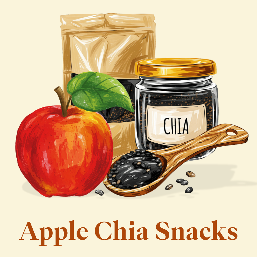 Illustrated product graphic for Apple Chia Snacks, showing a red apple, a jar labeled CHIA with a gold lid, a wooden spoon filled with chia seeds, and a kraft pouch on a light beige background with the text 'Apple Chia Snacks' below.