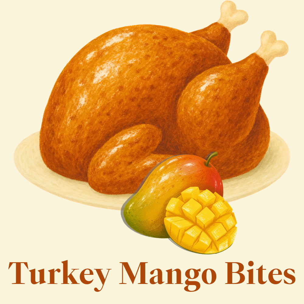 Illustrated food graphic showing a roasted turkey on a plate with a mango and a cubed mango slice, with the text 'Turkey Mango Bites' below on a light cream background.